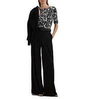 Lauren Ralph Lauren Stretch Knit Embroidered Floral Boat Neck Elbow Sleeve Tee