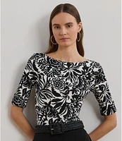 Lauren Ralph Lauren Stretch Knit Embroidered Floral Boat Neck Elbow Sleeve Tee
