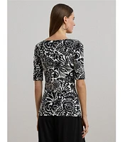 Lauren Ralph Lauren Stretch Knit Embroidered Floral Boat Neck Elbow Sleeve Tee