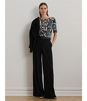 Lauren Ralph Lauren Stretch Knit Embroidered Floral Boat Neck Elbow Sleeve Tee
