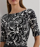 Lauren Ralph Lauren Stretch Knit Embroidered Floral Boat Neck Elbow Sleeve Tee