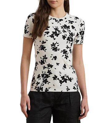 Lauren Ralph Lauren Stretch Knit Floral Print Crew Neck Short Sleeve Tee