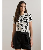 Lauren Ralph Lauren Stretch Knit Floral Print Crew Neck Short Sleeve Tee
