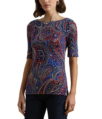 Lauren Ralph Lauren Stretch Knit Paisley Print Boat Neck Elbow Sleeve Top