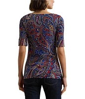 Lauren Ralph Lauren Stretch Knit Paisley Print Boat Neck Elbow Sleeve Top