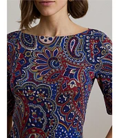 Lauren Ralph Lauren Stretch Knit Paisley Print Boat Neck Elbow Sleeve Top