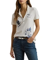 Lauren Ralph Lauren Stretch Pique Floral Patchwork Point Collar Short Sleeve Polo Shirt