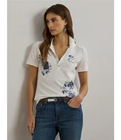 Lauren Ralph Lauren Stretch Pique Floral Patchwork Point Collar Short Sleeve Polo Shirt
