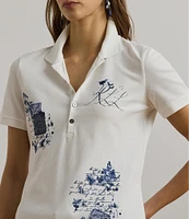 Lauren Ralph Lauren Stretch Pique Floral Patchwork Point Collar Short Sleeve Polo Shirt