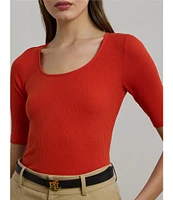 Lauren Ralph Lauren Cotton Blend Rib-Knit Scoop Neck Elbow Sleeve Tee