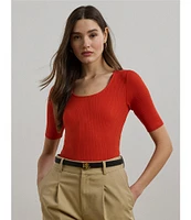Lauren Ralph Lauren Cotton Blend Rib-Knit Scoop Neck Elbow Sleeve Tee