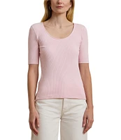 Lauren Ralph Lauren Cotton Blend Rib-Knit Scoop Neck Elbow Sleeve Tee