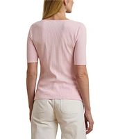 Lauren Ralph Lauren Cotton Blend Rib-Knit Scoop Neck Elbow Sleeve Tee