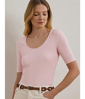 Lauren Ralph Lauren Cotton Blend Rib-Knit Scoop Neck Elbow Sleeve Tee