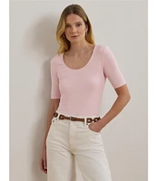 Lauren Ralph Lauren Cotton Blend Rib-Knit Scoop Neck Elbow Sleeve Tee