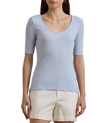 Lauren Ralph Lauren Cotton Blend Rib-Knit Scoop Neck Elbow Sleeve Tee
