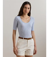 Lauren Ralph Lauren Cotton Blend Rib-Knit Scoop Neck Elbow Sleeve Tee