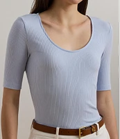 Lauren Ralph Lauren Cotton Blend Rib-Knit Scoop Neck Elbow Sleeve Tee