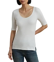 Lauren Ralph Lauren Cotton Blend Rib-Knit Scoop Neck Elbow Sleeve Tee