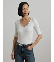 Lauren Ralph Lauren Cotton Blend Rib-Knit Scoop Neck Elbow Sleeve Tee