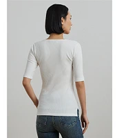 Lauren Ralph Lauren Cotton Blend Rib-Knit Scoop Neck Elbow Sleeve Tee