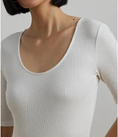Lauren Ralph Lauren Cotton Blend Rib-Knit Scoop Neck Elbow Sleeve Tee