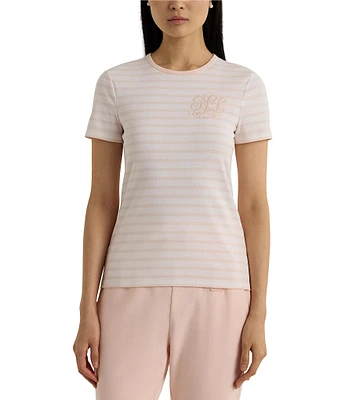 Lauren Ralph Lauren Stretch Stripe Embroidered Chest Crew Neck Short Sleeve Tee Shirt