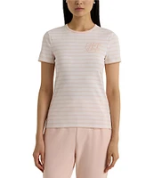 Lauren Ralph Lauren Stretch Stripe Embroidered Chest Crew Neck Short Sleeve Tee Shirt