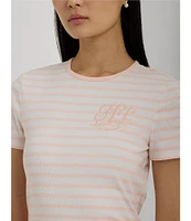 Lauren Ralph Lauren Stretch Stripe Embroidered Chest Crew Neck Short Sleeve Tee Shirt