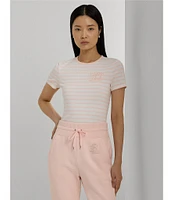 Lauren Ralph Lauren Stretch Stripe Embroidered Chest Crew Neck Short Sleeve Tee Shirt