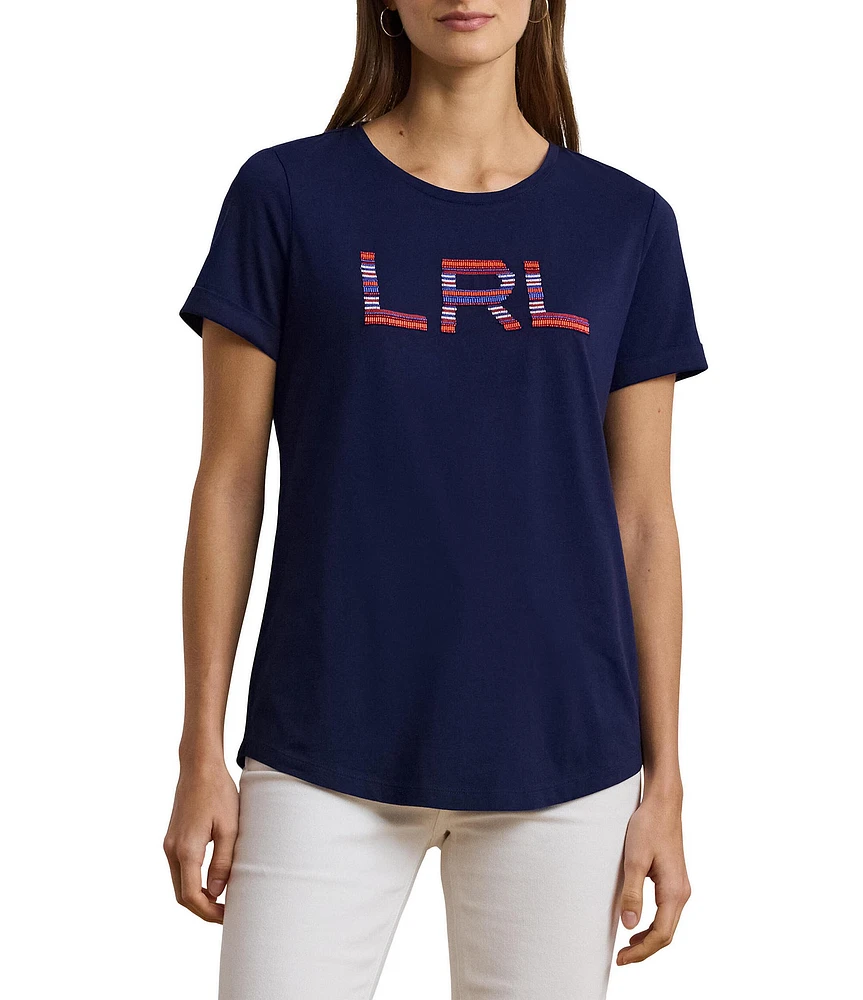 Lauren Ralph Lauren Stripe Beaded Logo Crew Neck Cotton Jersey Tee Top