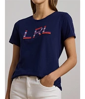 Lauren Ralph Lauren Stripe Beaded Logo Crew Neck Cotton Jersey Tee Top