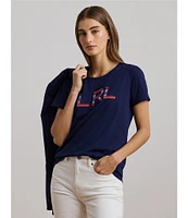 Lauren Ralph Lauren Stripe Beaded Logo Crew Neck Cotton Jersey Tee Top