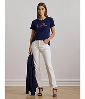 Lauren Ralph Lauren Stripe Beaded Logo Crew Neck Cotton Jersey Tee Top