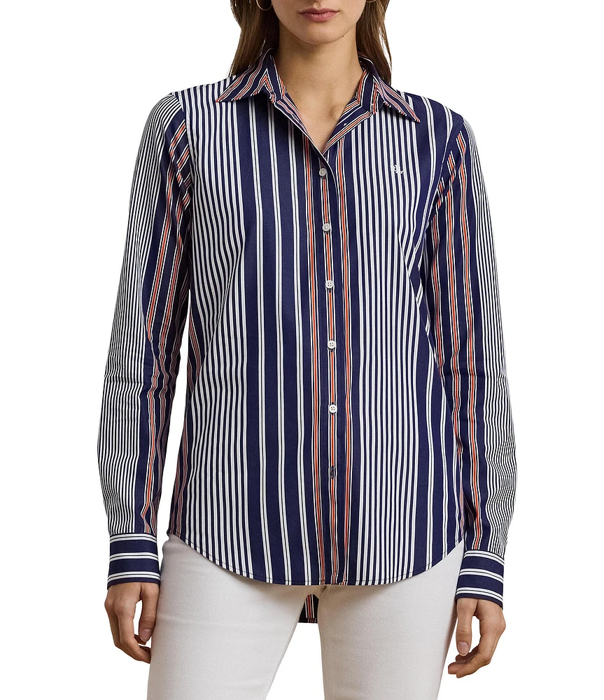 Lauren Ralph Lauren Stripe Point Collar Long Sleeve Button-Front Broadcloth Shirt