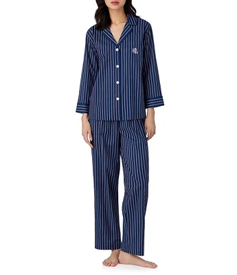 Lauren Ralph Lauren Stripe Print 3/4 Sleeve Notch Collar Woven Pajama Set