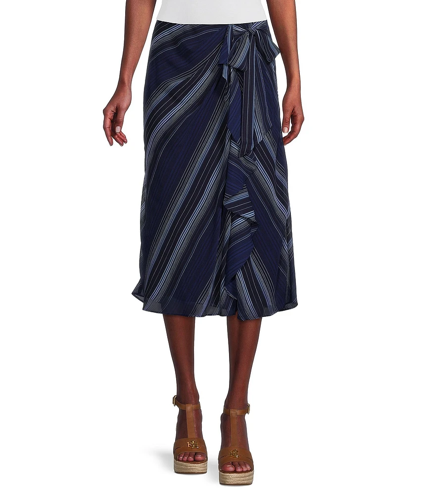 Lauren Ralph Lauren Stripe Print Crinkled Georgette Cascading Ruffle Front A-Line Midi Skirt