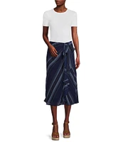 Lauren Ralph Lauren Stripe Print Crinkled Georgette Cascading Ruffle Front A-Line Midi Skirt