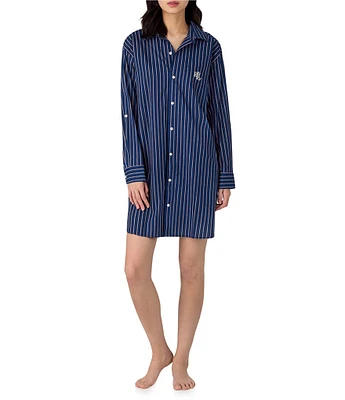 Lauren Ralph Lauren Stripe Print Long Sleeve Roll Tab Notch Collar Woven Nightshirt