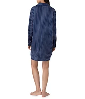 Lauren Ralph Lauren Stripe Print Long Sleeve Roll Tab Notch Collar Woven Nightshirt