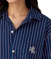 Lauren Ralph Lauren Stripe Print Long Sleeve Roll Tab Notch Collar Woven Nightshirt