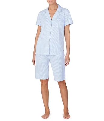 Lauren Ralph Lauren Stripe Print Short Sleeve Notch Collar Cotton Knit Bermuda Pajama Set