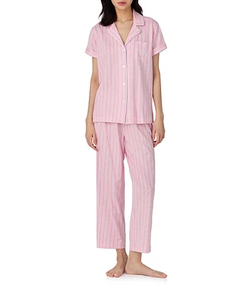 Lauren Ralph Lauren Stripe Print Short Sleeve Notch Collar Knit Cropped Pajama Set