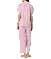 Lauren Ralph Lauren Stripe Print Short Sleeve Notch Collar Knit Cropped Pajama Set
