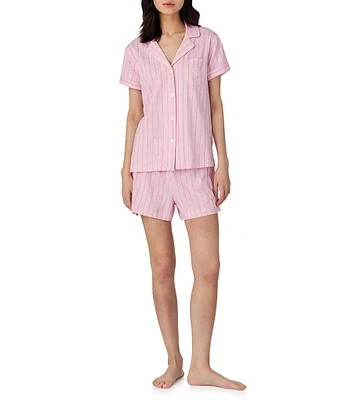 Lauren Ralph Lauren Stripe Print Short Sleeve Notch Collar Knit Shorty Pajama Set