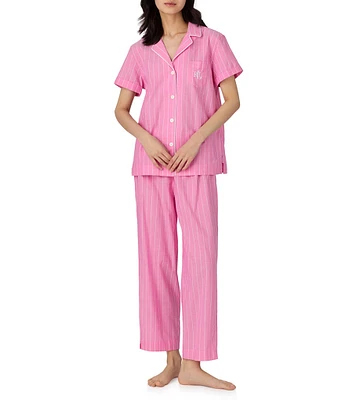 Lauren Ralph Lauren Stripe Print Short Sleeve Notch Collar Woven Cropped Pajama Set