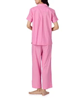 Lauren Ralph Lauren Stripe Print Short Sleeve Notch Collar Woven Cropped Pajama Set