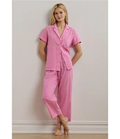 Lauren Ralph Lauren Stripe Print Short Sleeve Notch Collar Woven Cropped Pajama Set