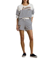 Lauren Ralph Lauren Striped French Terry Embroidered Crew Neck Long Sleeve Cropped Sweatshirt