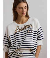 Lauren Ralph Lauren Striped French Terry Embroidered Crew Neck Long Sleeve Cropped Sweatshirt